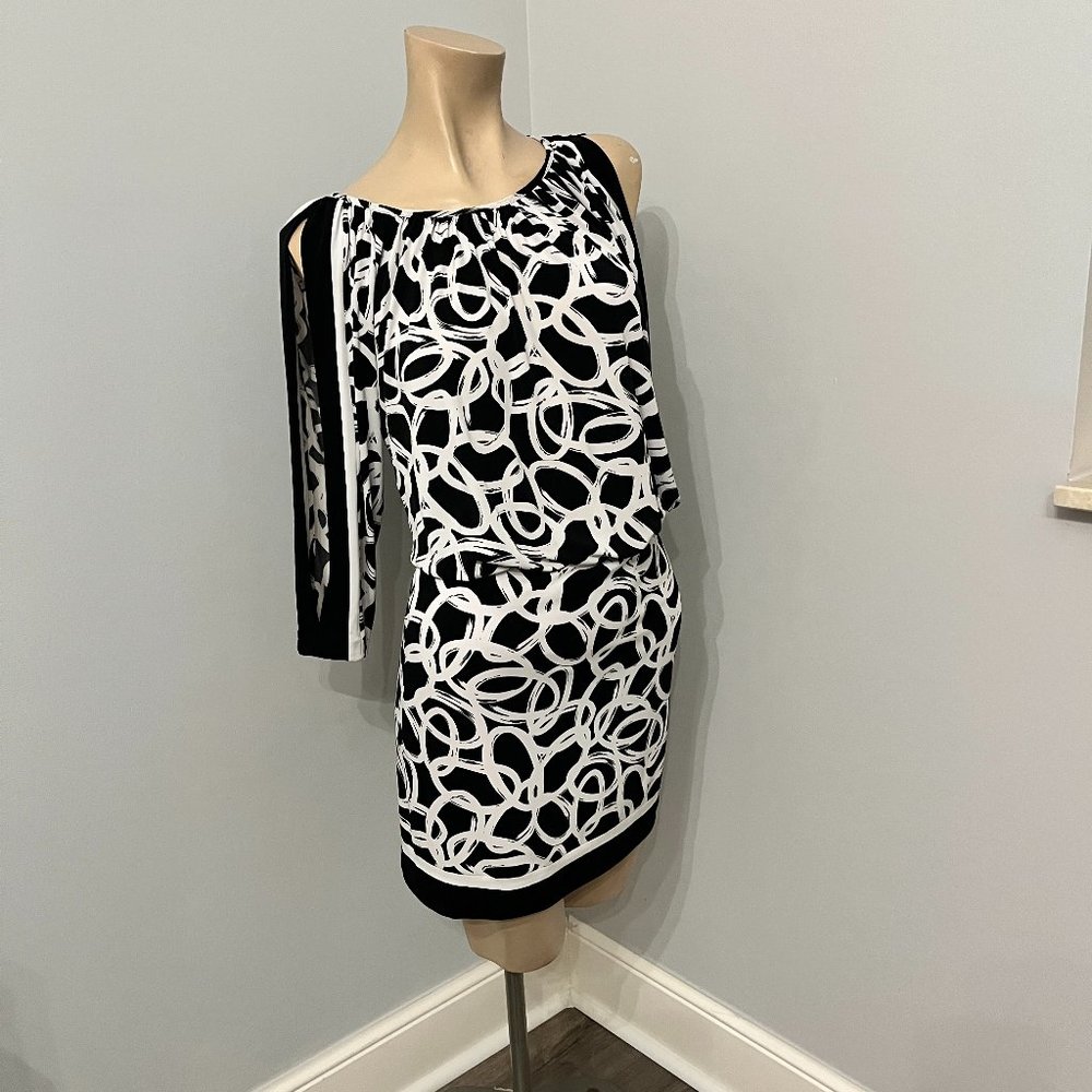 Cache Black & White Cut out Shoulder Mini  Dress